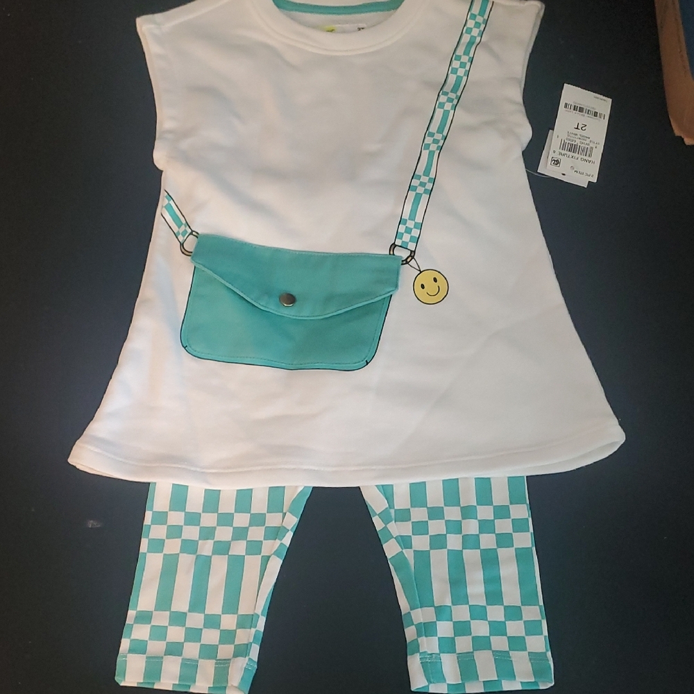 Epic Threads White Top with Teal Purse Graphic & Teal Check Leggings